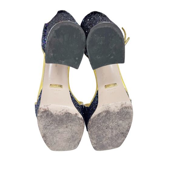 GUCCI Soko Bee Blue Glitter Platform Heels Gold
Trim Ankle Strap Size 38.5 - Picture 14 of 16